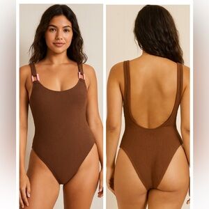 Aerie brown Crinkle Birthday Scoop Cheekiest One Piece Swimsuit size XS new‎